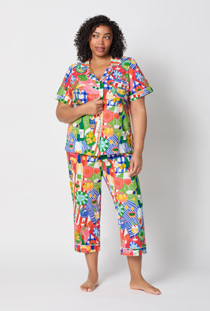 A lady wearing plus size Picnic In The Park Short Sleeve Classic Stretch Jersey Cropped Pj Set