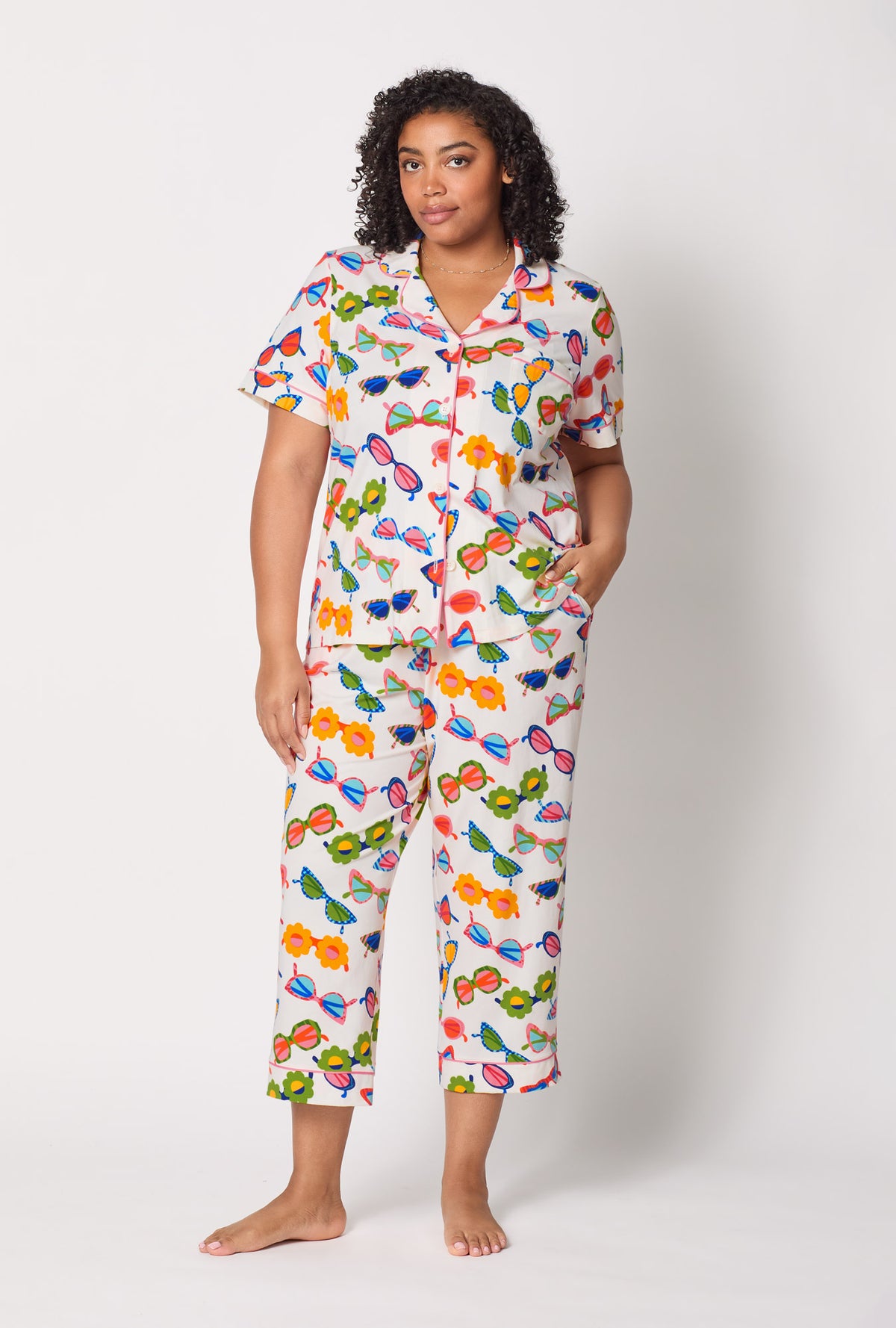 A lady wearing plus size Made In The Shade Short Sleeve Classic Stretch Jersey Cropped Pj Set