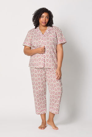 A lady wearing plus size Olivia Short Sleeve Classic Woven Cotton Poplin Cropped Pj Set