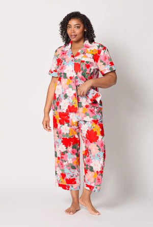 A lady wearing plus size Cassandra Short Sleeve Classic Woven Cotton Poplin Cropped Pj Set