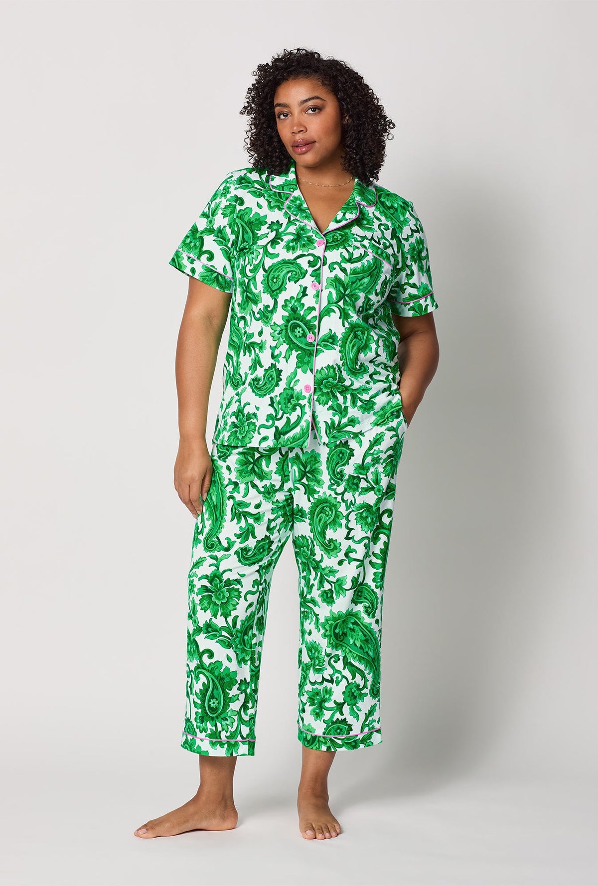 A lady wearing plus size Green and  White Short Sleeve Classic Stretch Jersey Cropped Pj Set front view