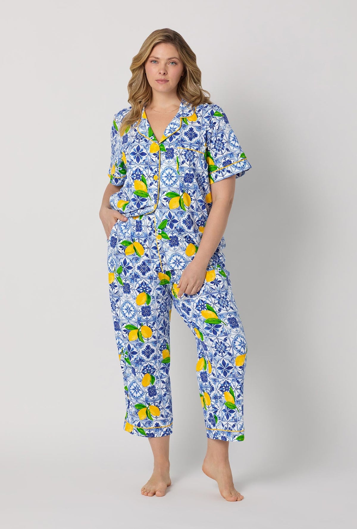 A lady wearing plus size Blue and  White Short Sleeve Classic Stretch Jersey Cropped Pj Set front view
