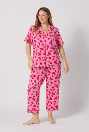 A lady wearing plus size Watermelon Crush Short Sleeve Classic Stretch Jersey Cropped Pj Set