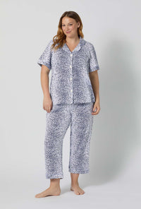 A lady wearing plus size Sea Kitten Short Sleeve Classic Stretch Jersey Cropped Pj Set