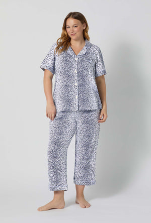A lady wearing plus size Sea Kitten Short Sleeve Classic Stretch Jersey Cropped Pj Set
