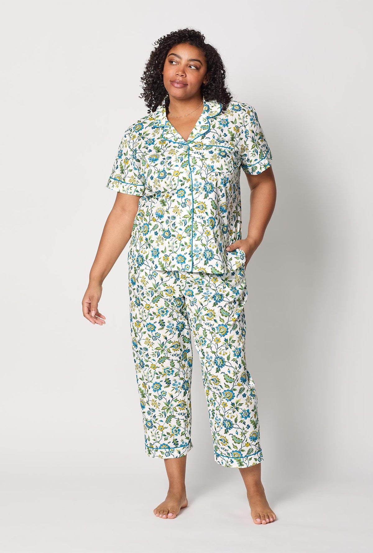 A lady wearing plus size White Short Sleeve Classic Woven Tana Lawn® Cropped Pj Set Made With Liberty Fabric front view