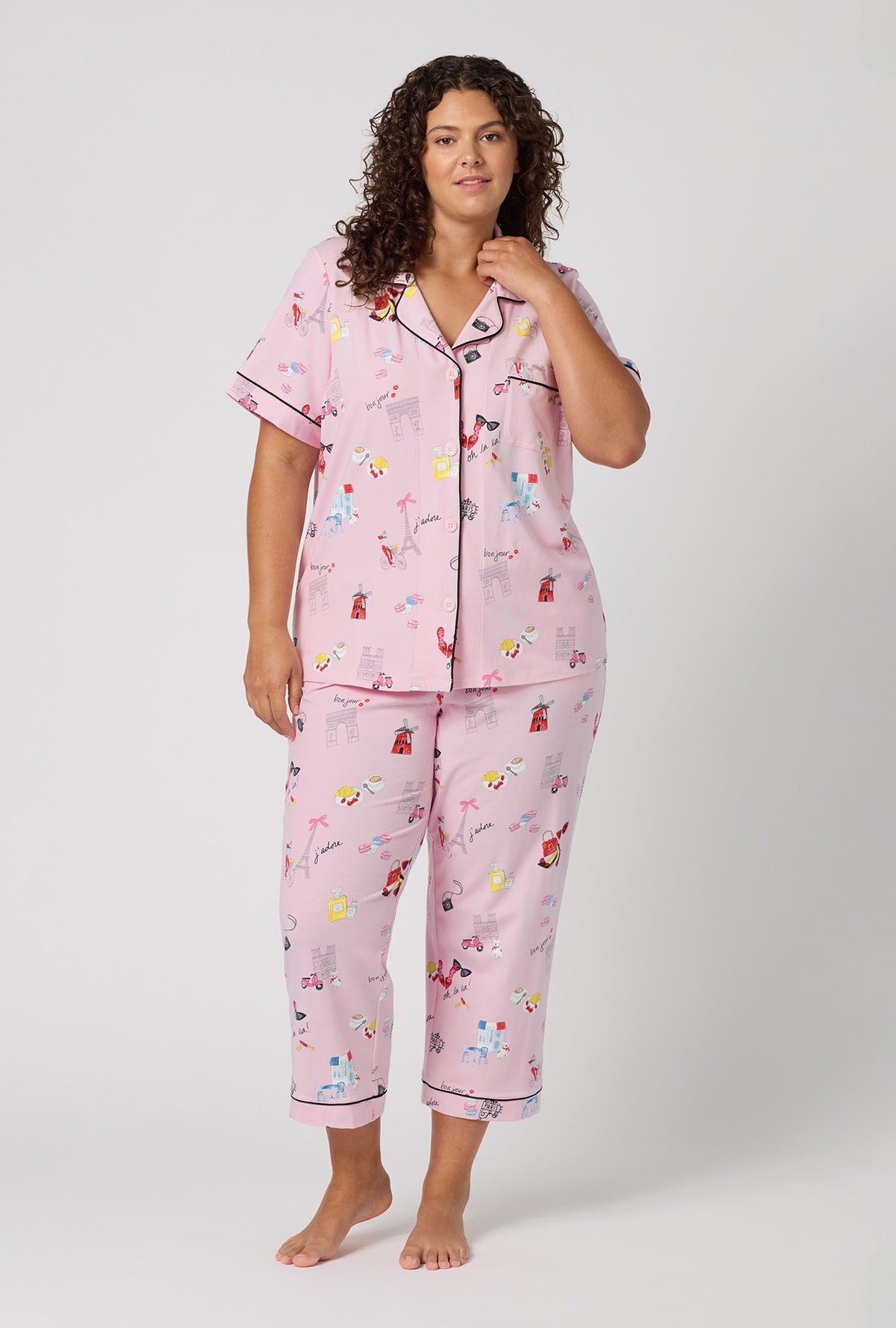 A Lady Wearing Plus Size J'adore Paris Short Sleeve Classic Stretch Jersey Cropped Pj Set