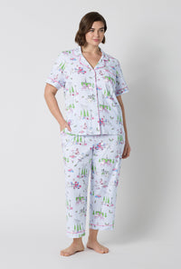 A Lady Wearing Plus Size Belle Vie Short Sleeve Classic Stretch Jersey Cropped Pj Set facing front in a standing pose