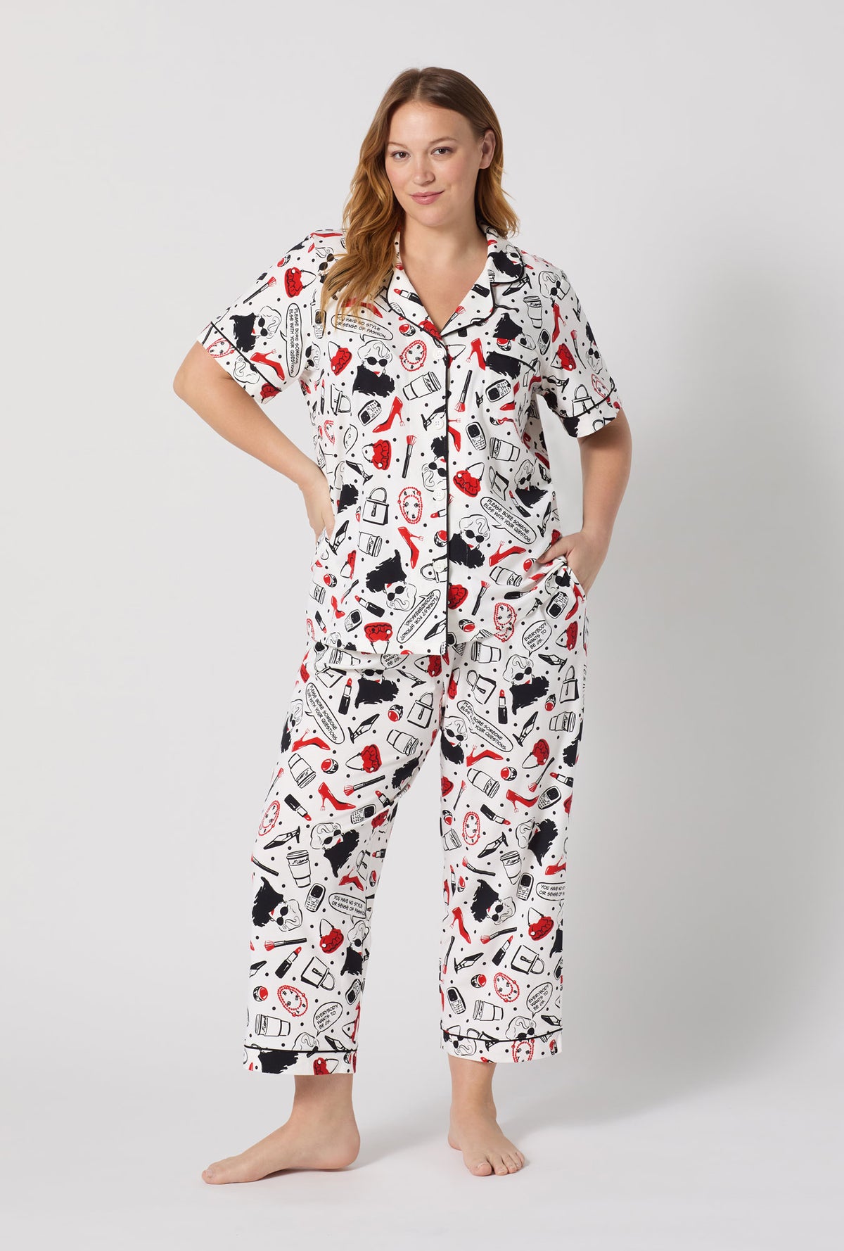 A lady wearing plus size Devil Wears Prada Short Sleeve Classic Stretch Jersey Cropped Pj 