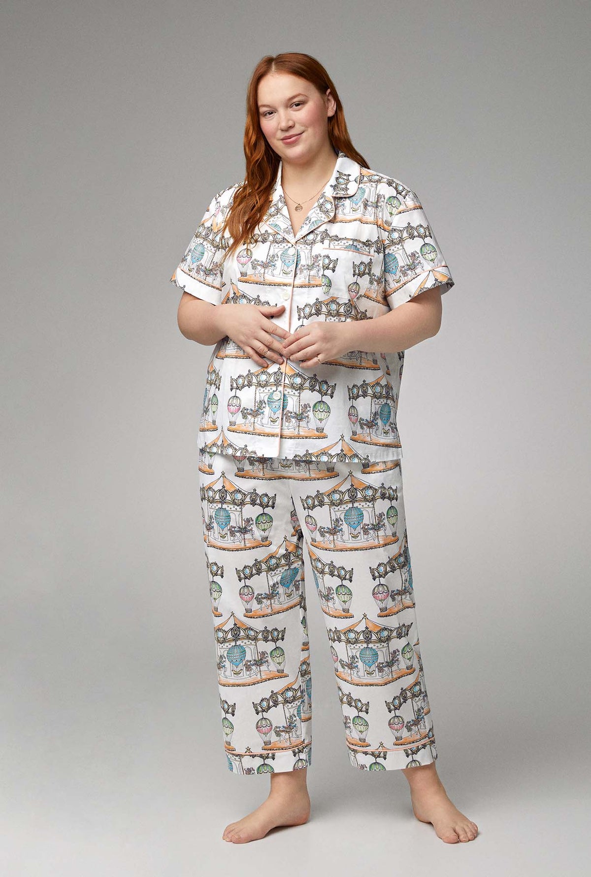 Carousel Short Sleeve Classic Woven Cotton Poplin Cropped PJ Set