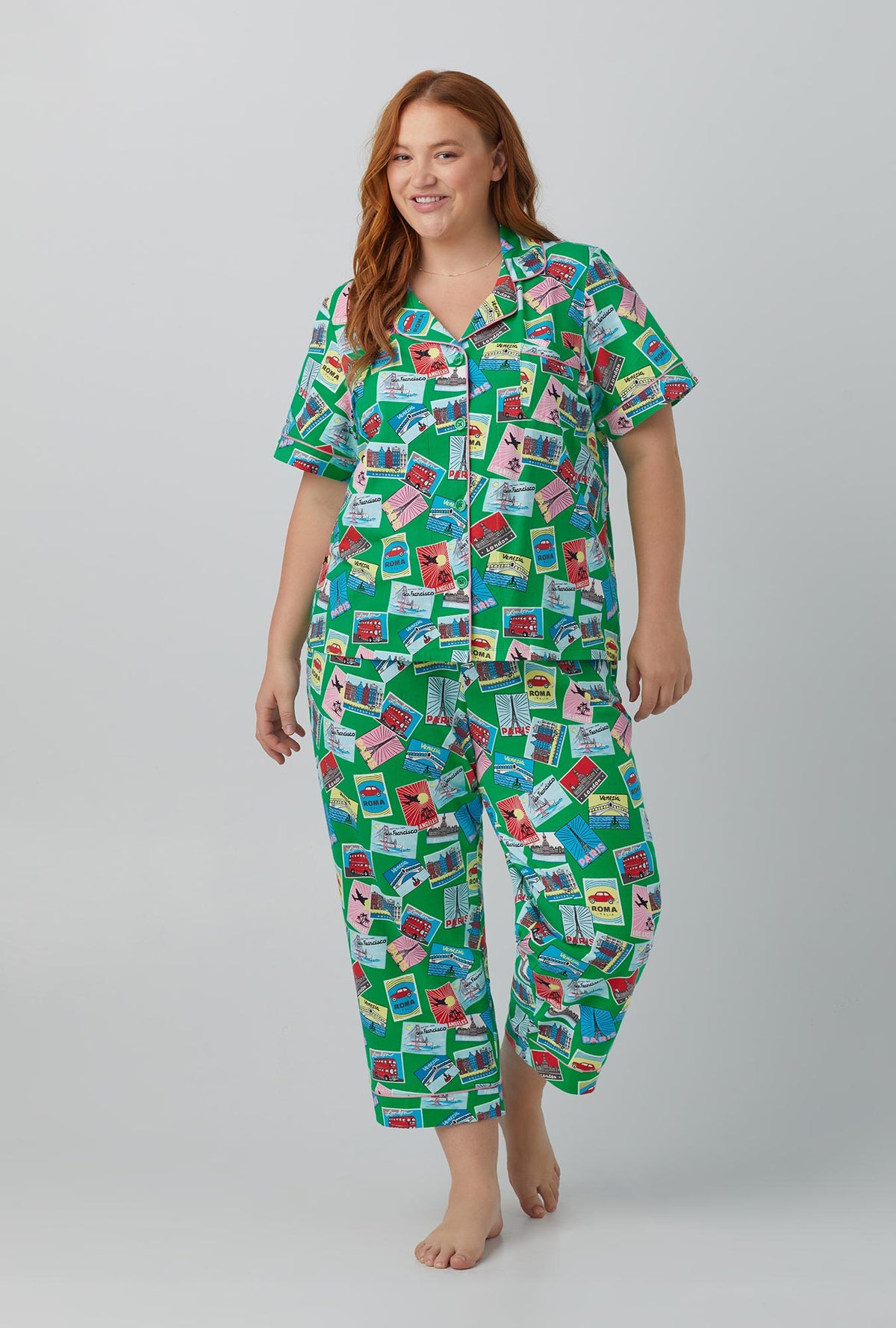 A lady wearing Greetings From Short Sleeve Classic Stretch Jersey Cropped PJ Set