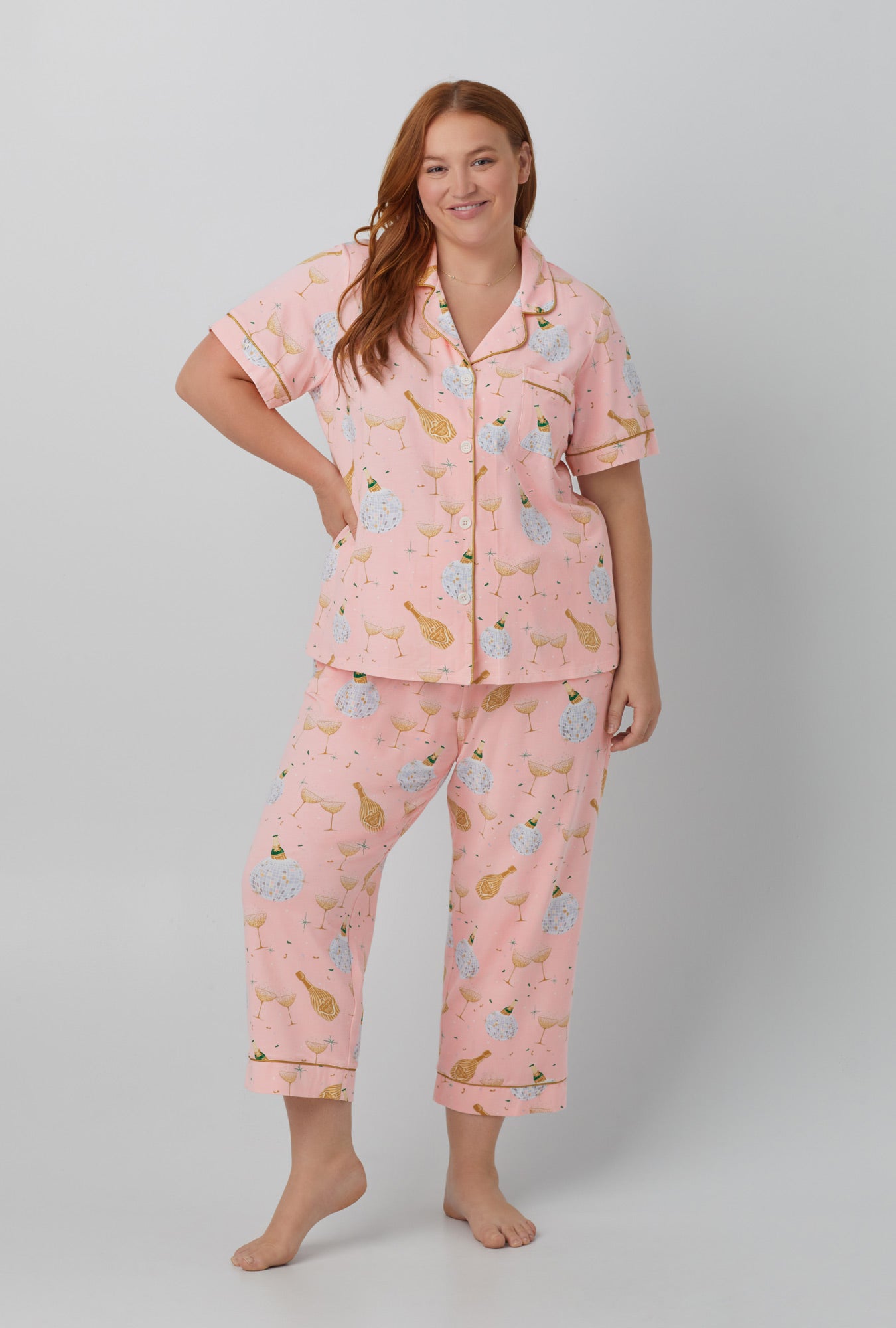 A lady wearing Champagne Disco Short Sleeve Classic Stretch Jersey Cropped PJ Set