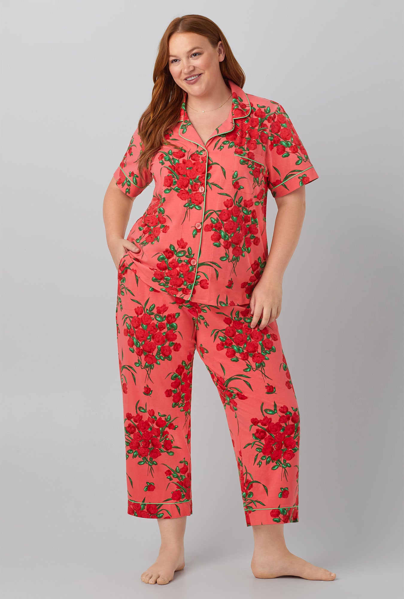 A lady wearing By The Dozen Short Sleeve Classic Stretch Jersey Cropped PJ Set