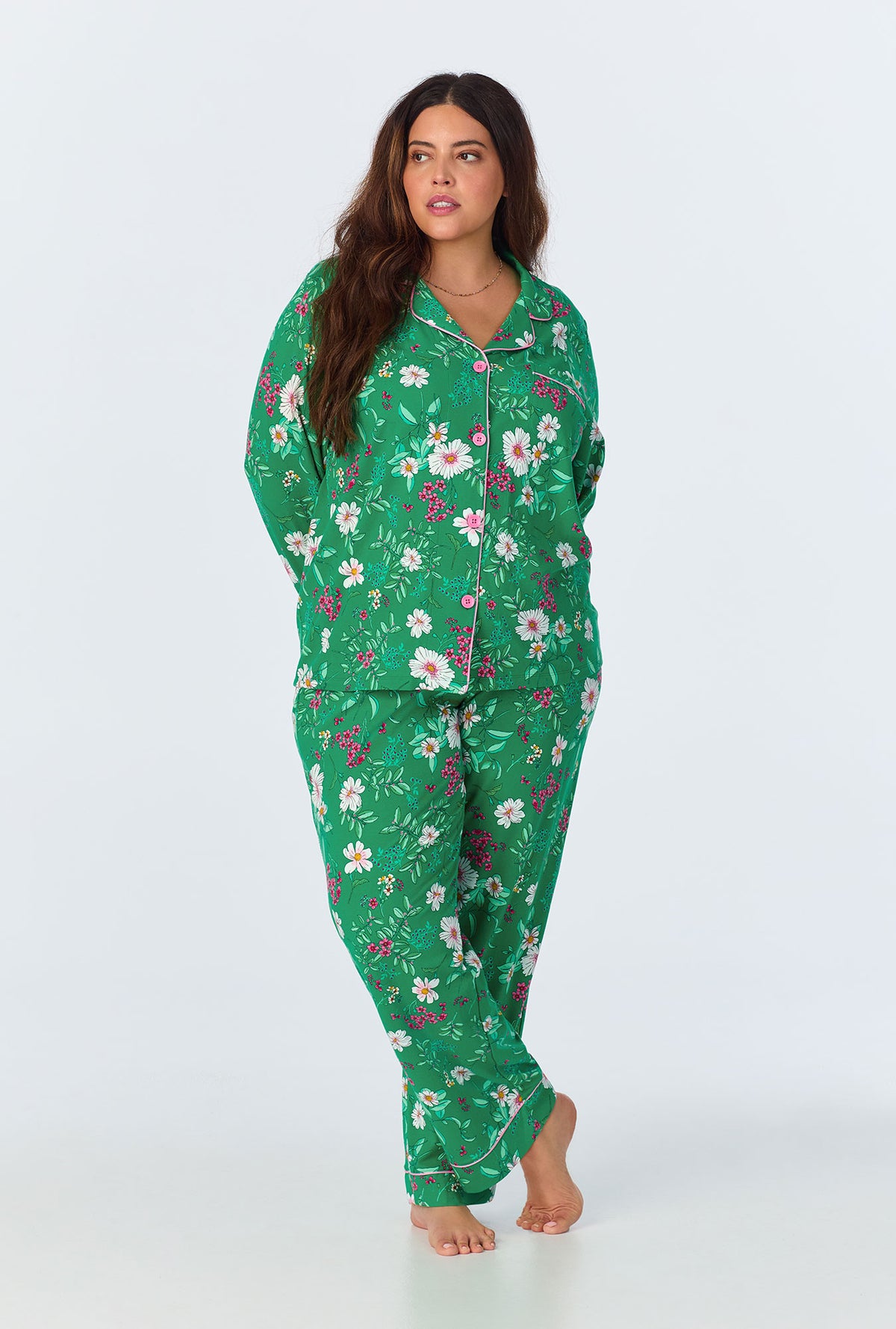 A lady wearing Forever Floral Long Sleeve Classic Stretch Jersey PJ Set