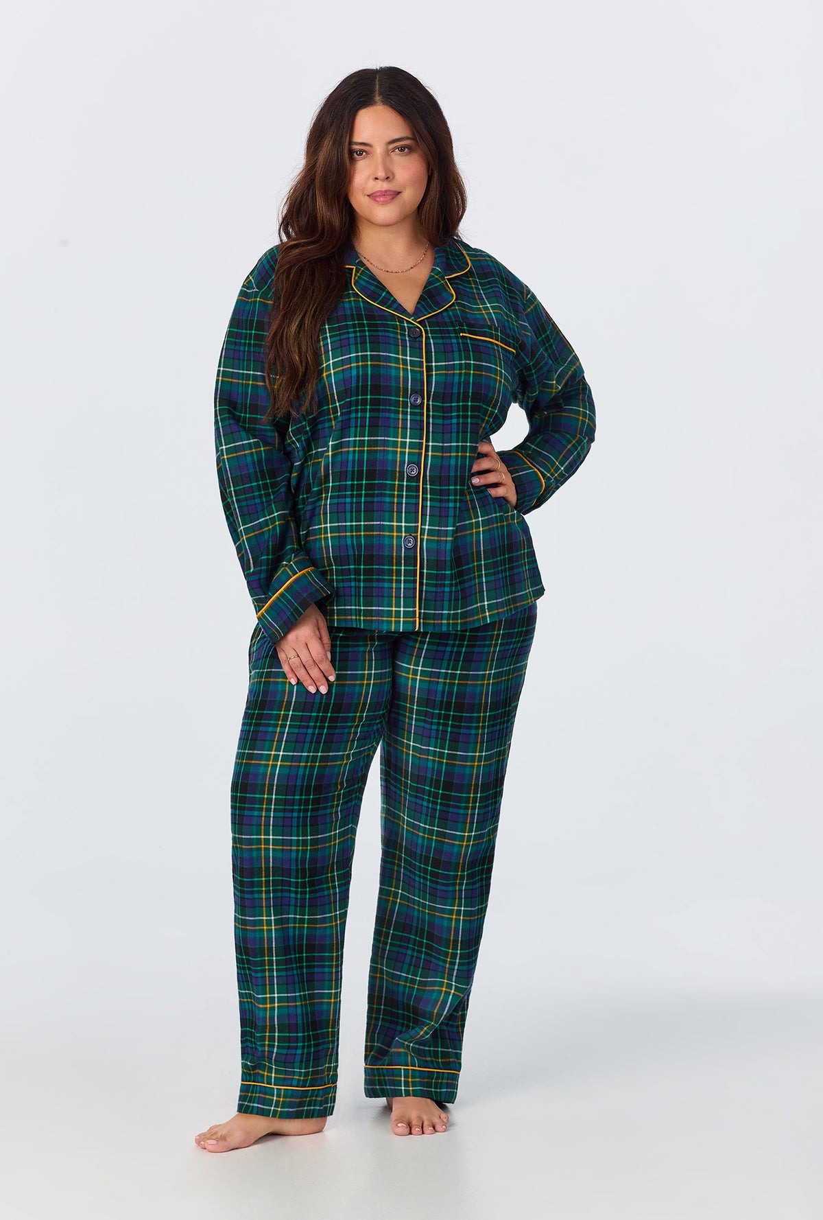 A lady wearing Celebration Plaid Long Sleeve Classic Woven Portuguese Flannel PJ Set