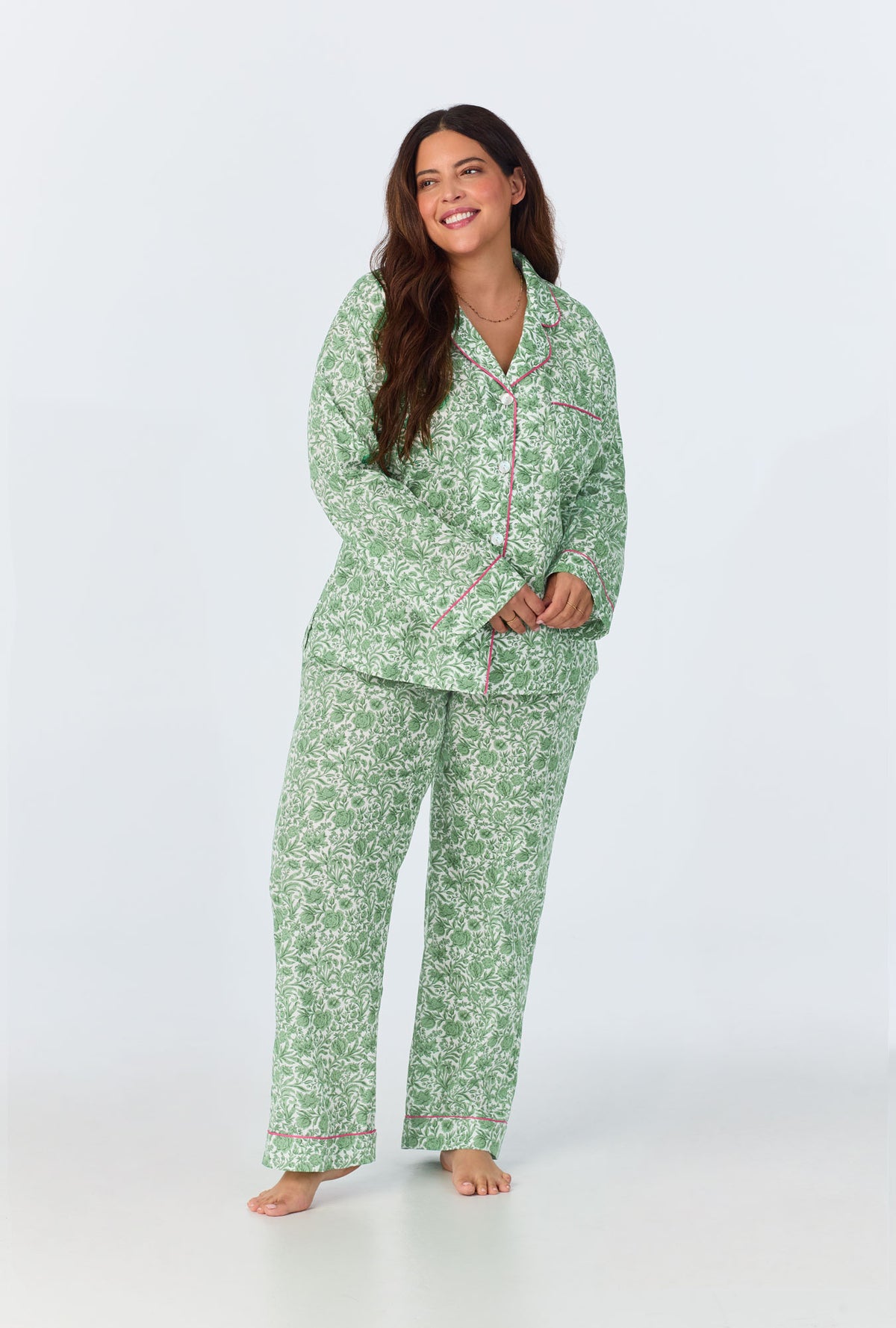 A lady wearing Sambourne Long Sleeve Classic Woven Cotton Tana Lawn Long PJ Set Made with Liberty Fabrics