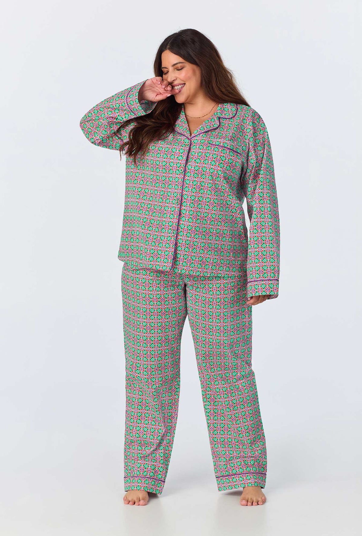 A lady wearing Wonderland Geo Long Sleeve Classic Woven Cotton Poplin Long PJ Set