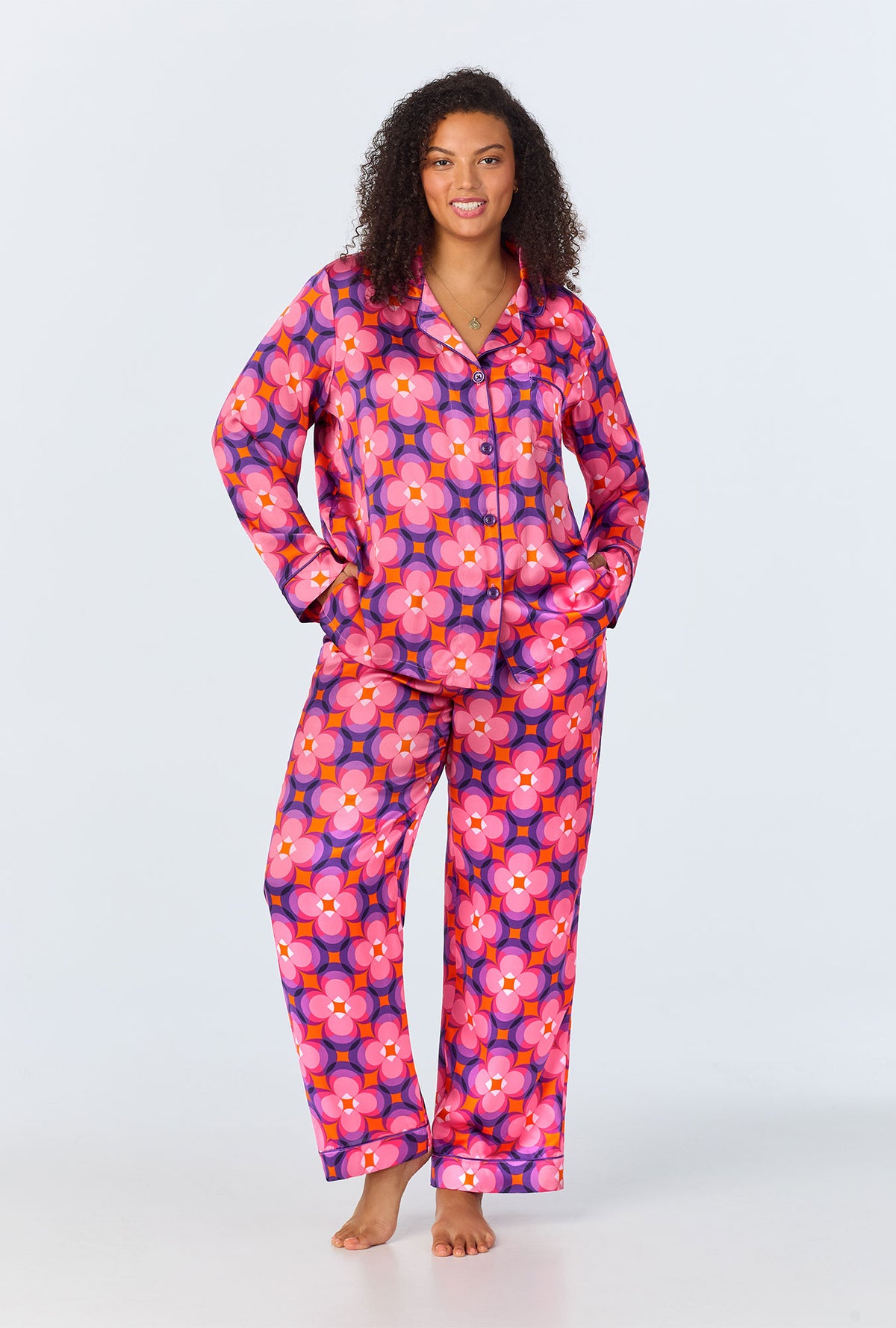 A lady wearing Space Cat Long Sleeve Classic Woven Washable Silk PJ Set