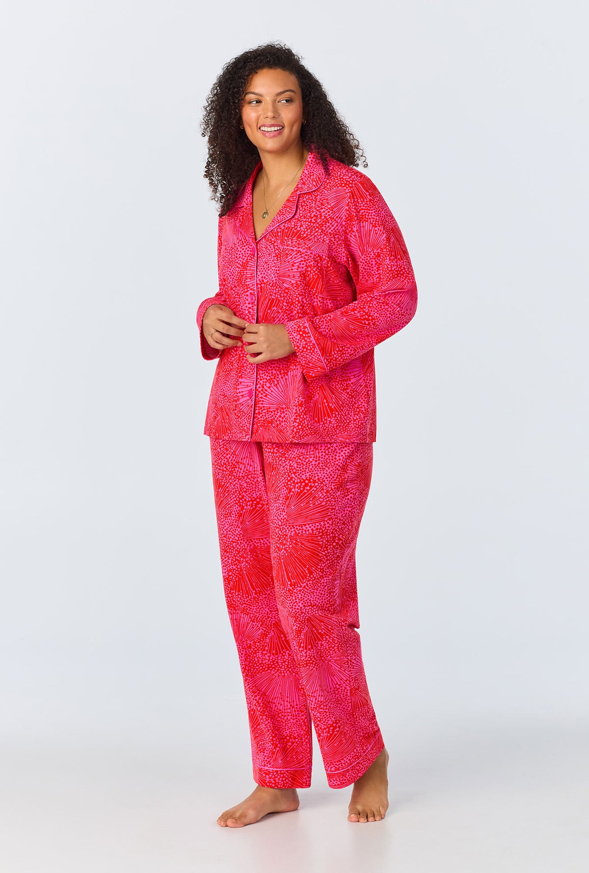 A lady wearing Starburst Long Sleeve Classic Stretch Jersey PJ Set