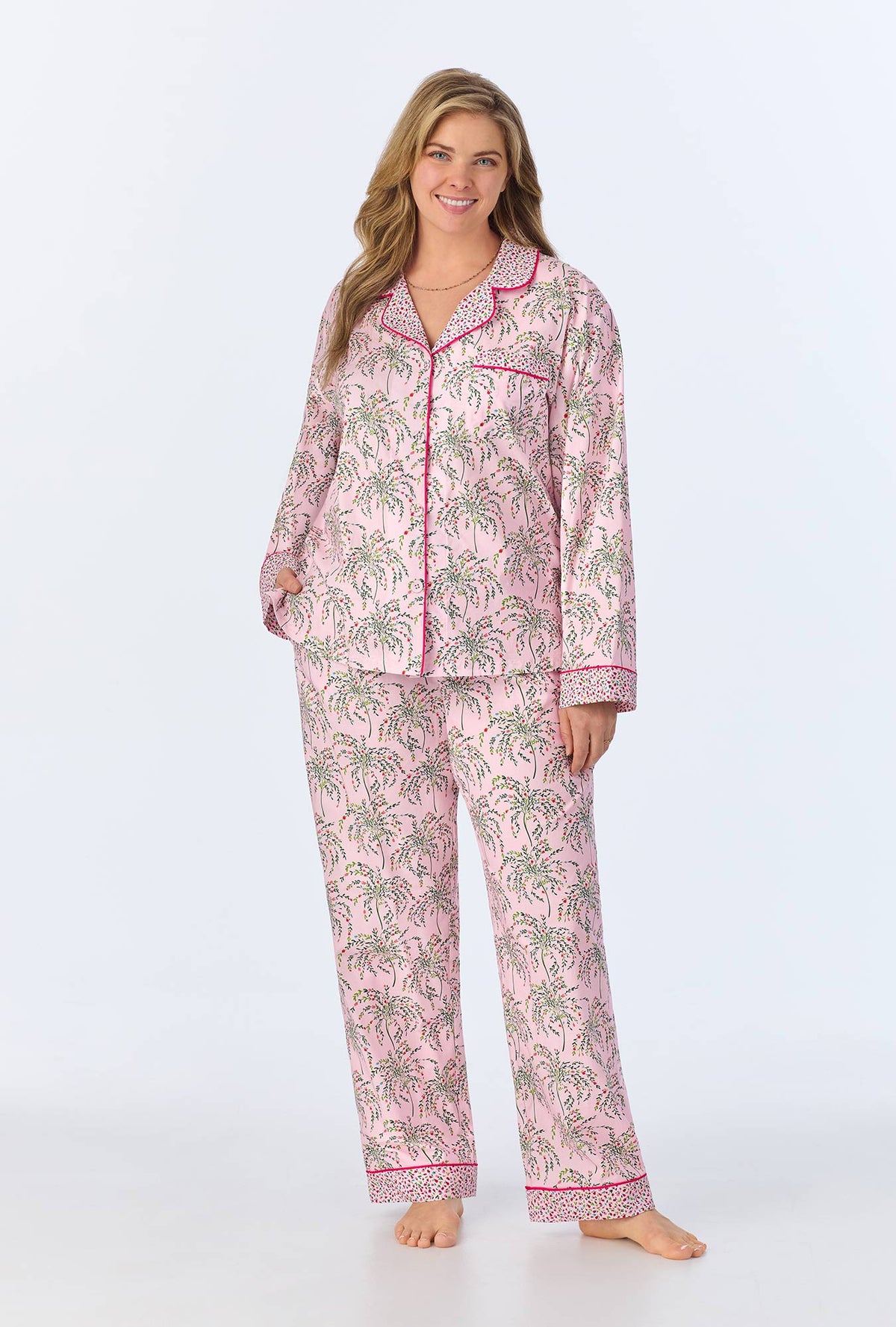 A lady wearing Willow Long Sleeve Classic Woven Cotton Poplin PJ Set
