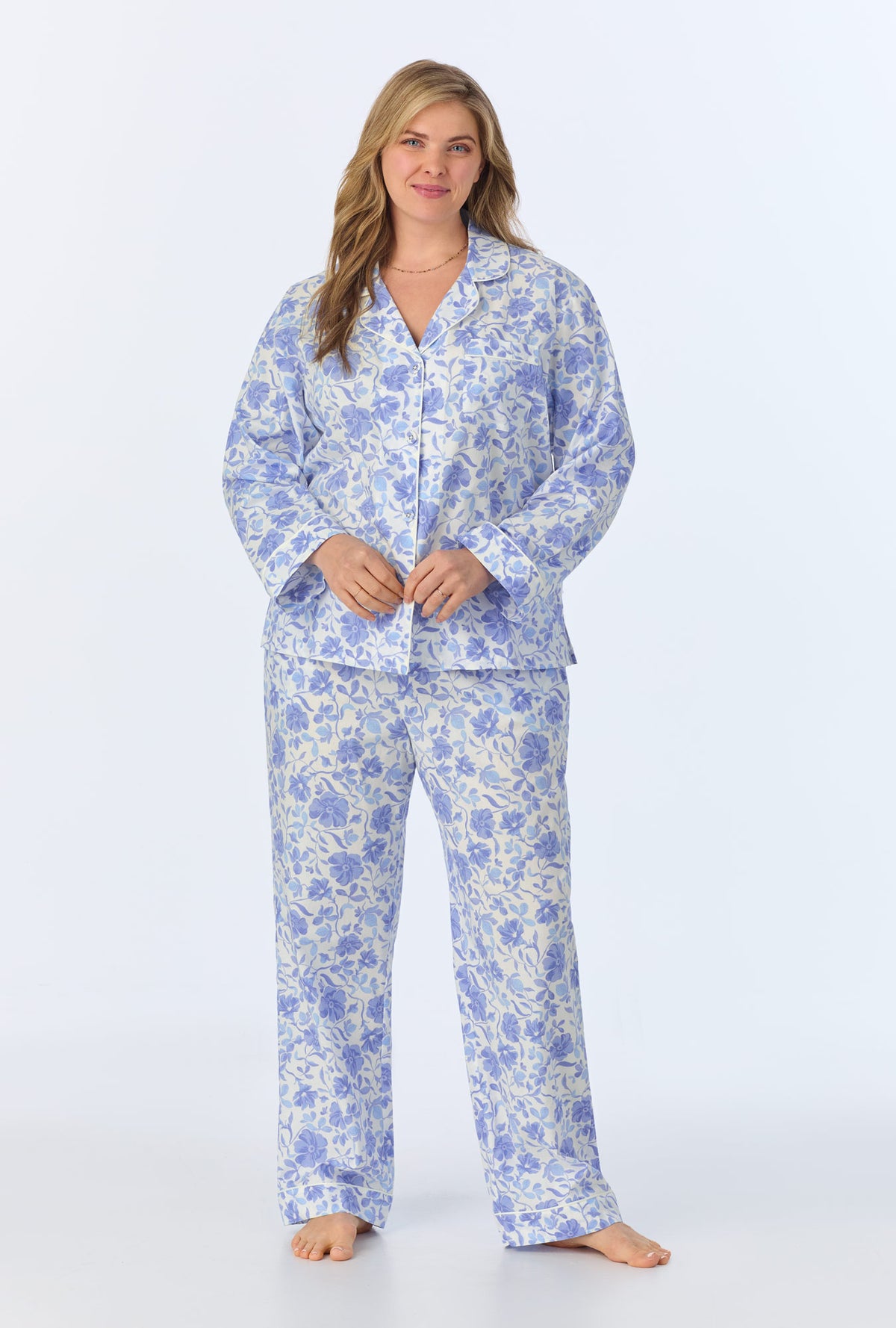 A lady wearing Belle Fleur Long Sleeve Classic Woven Cotton Poplin PJ Set