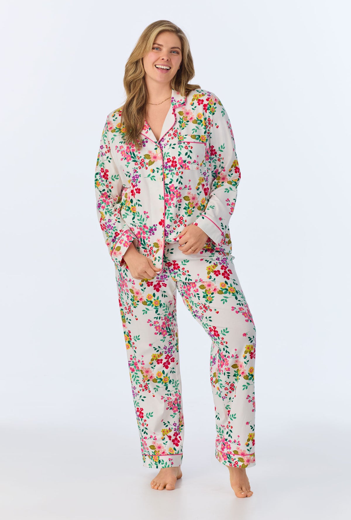 A lady wearing Full Bloom Long Sleeve Classic Stretch Jersey PJ set