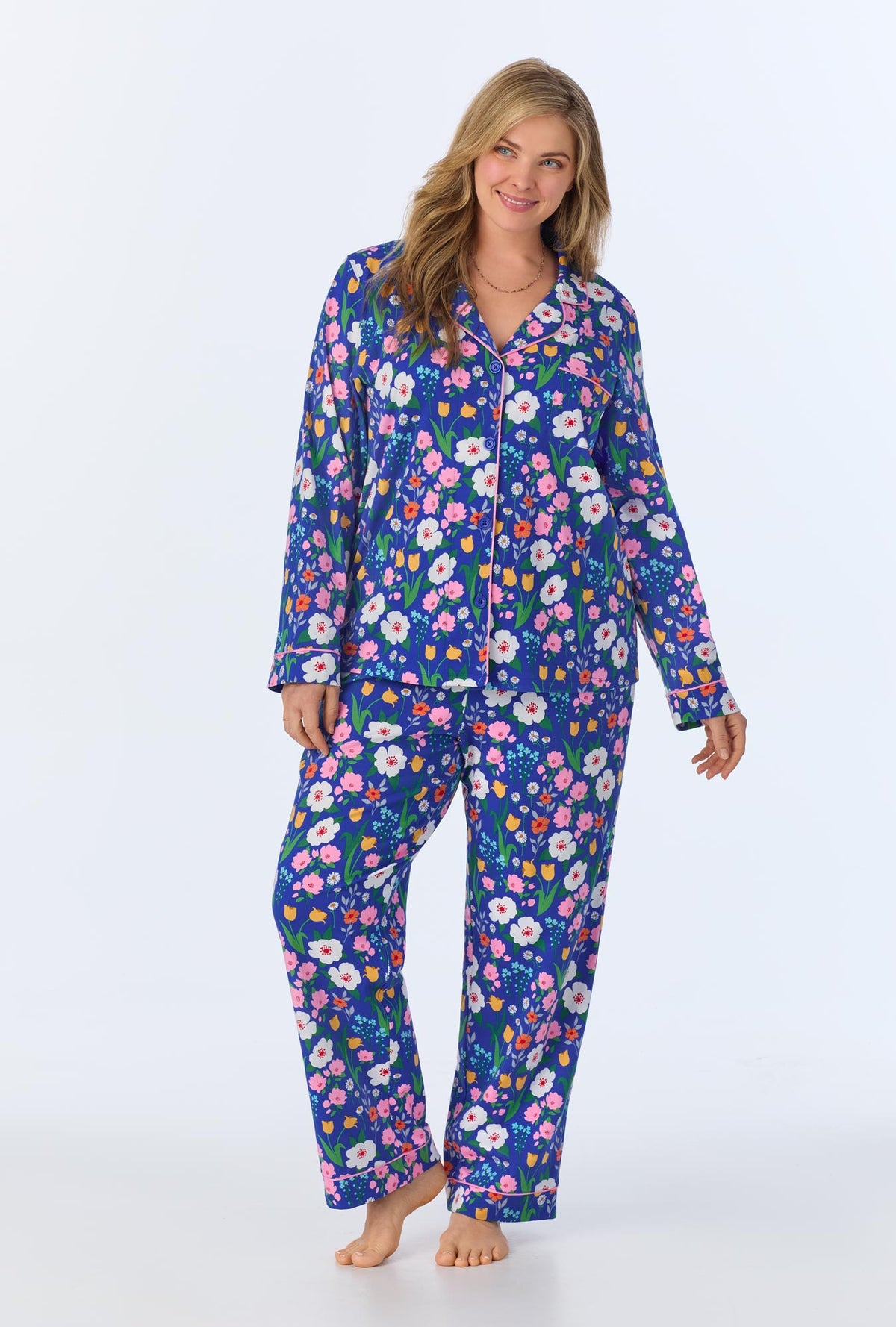 A lady wearing Flower Market  Long Sleeve Classic Stretch Jersey PJ set