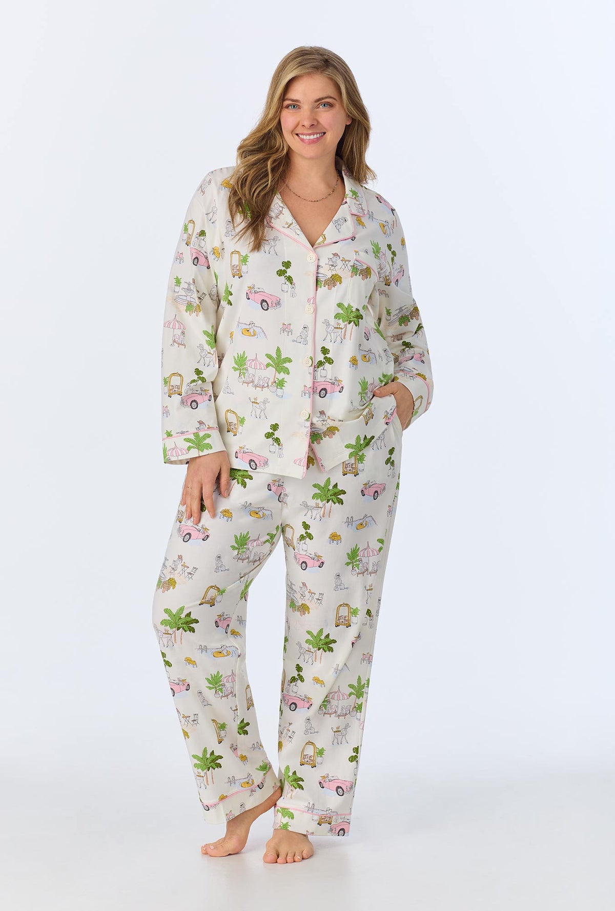 A lady wearing Poolside Poodles Long Sleeve Classic Stretch Jersey PJ set