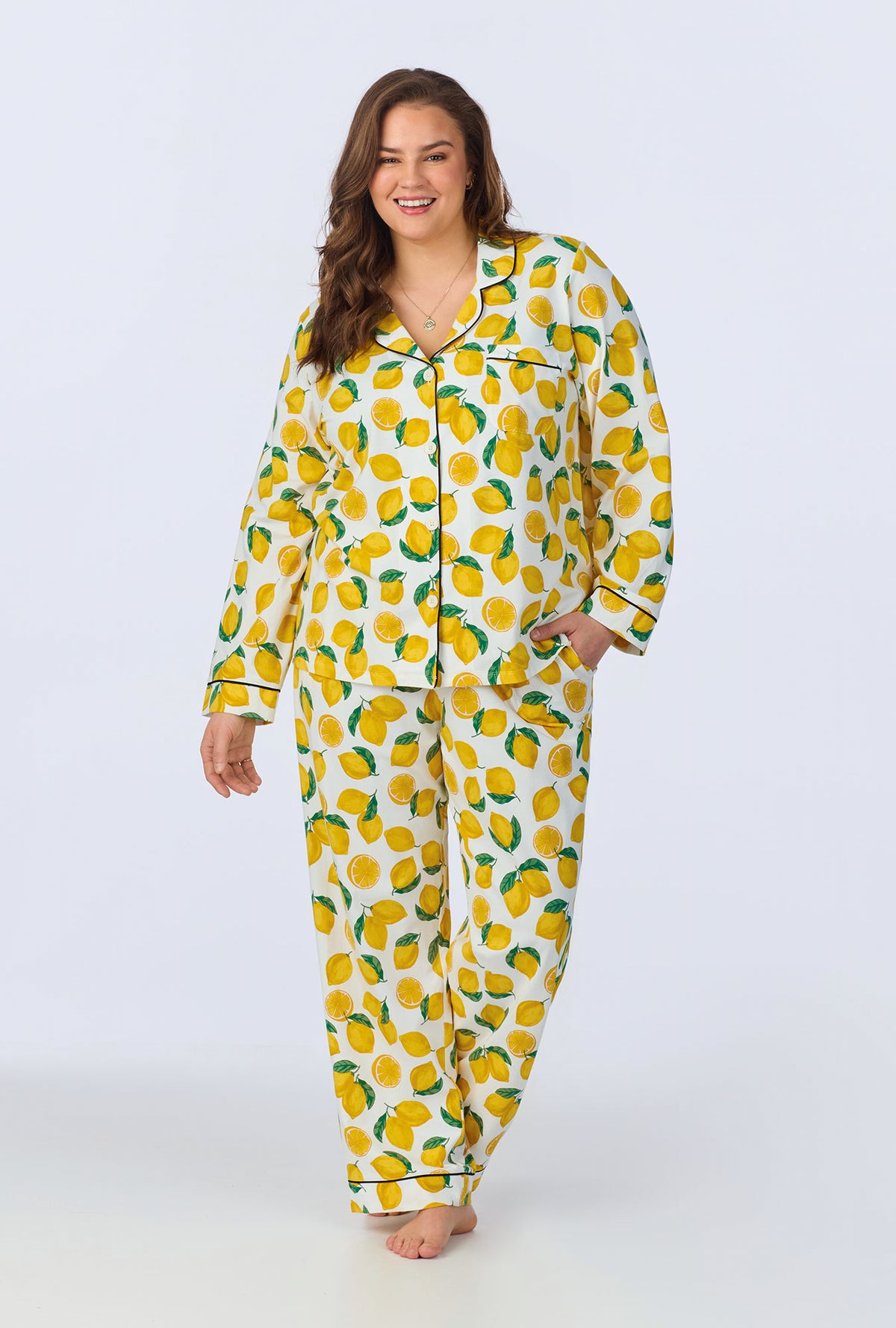 A lady wearing Main Squeeze Long Sleeve Classic Stretch Jersey PJ Set