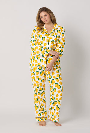 A lady wearing plus size White and  Yellow Long Sleeve Classic Stretch Jersey Pj Set front view