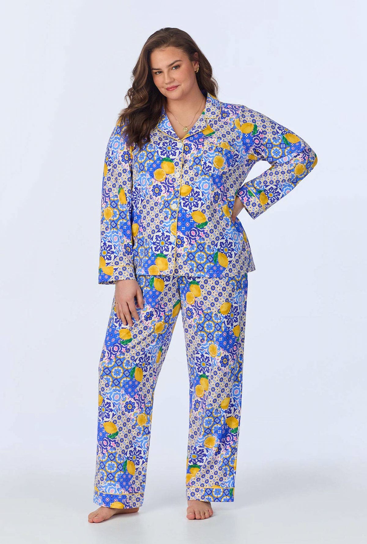 A lady wearing Majolica Long Sleeve Classic Stretch Jersey PJ Set