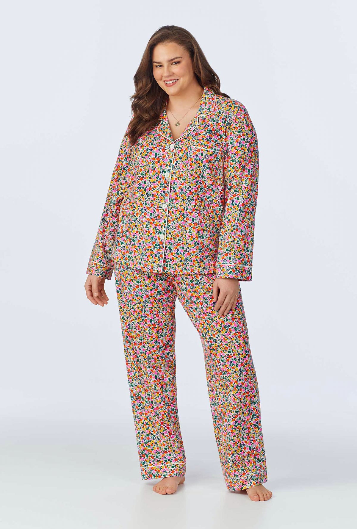 A lady wearing Fresh Picks Long Sleeve Classic Stretch Jersey PJ Set