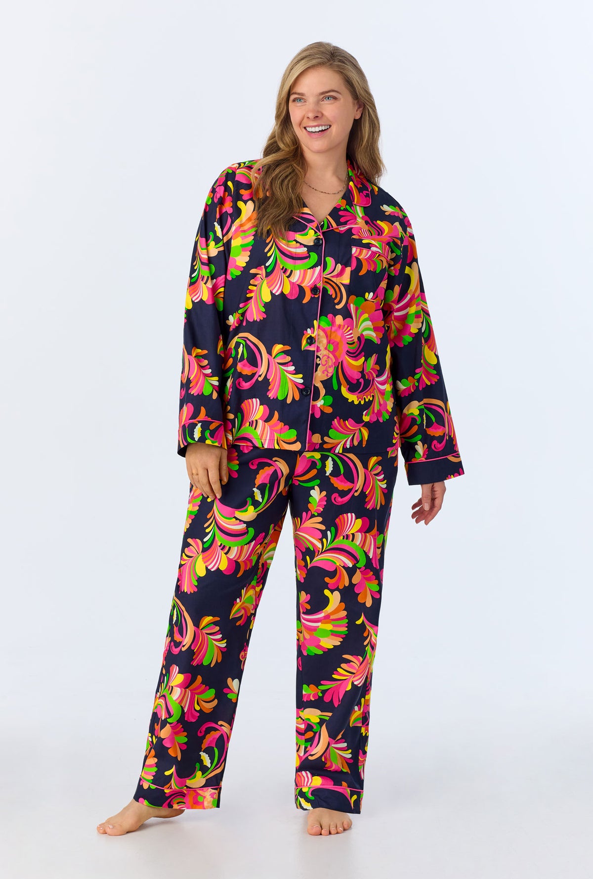 A lady wearing BedHead x Trina Turk Theodora Long Sleeve Classic Woven Cotton Poplin PJ Set