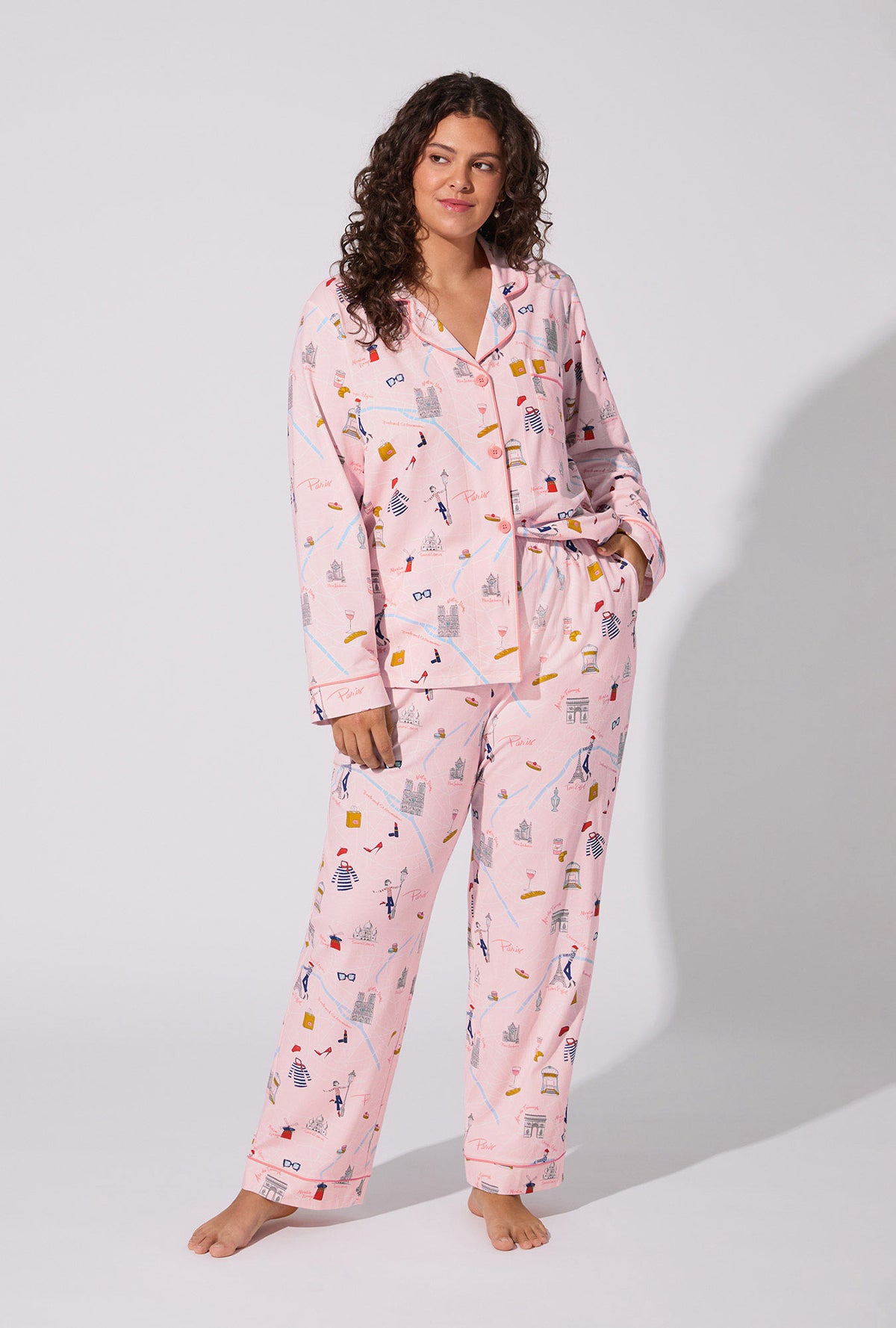 A lady wearing 48 Hrs In Paris Long Sleeve Classic Stretch Jersey PJ Set