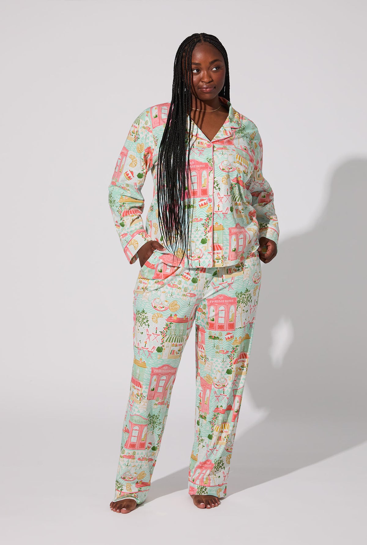A lady wearing Parisian Delights Long Sleeve Classic Stretch Jersey PJ Set