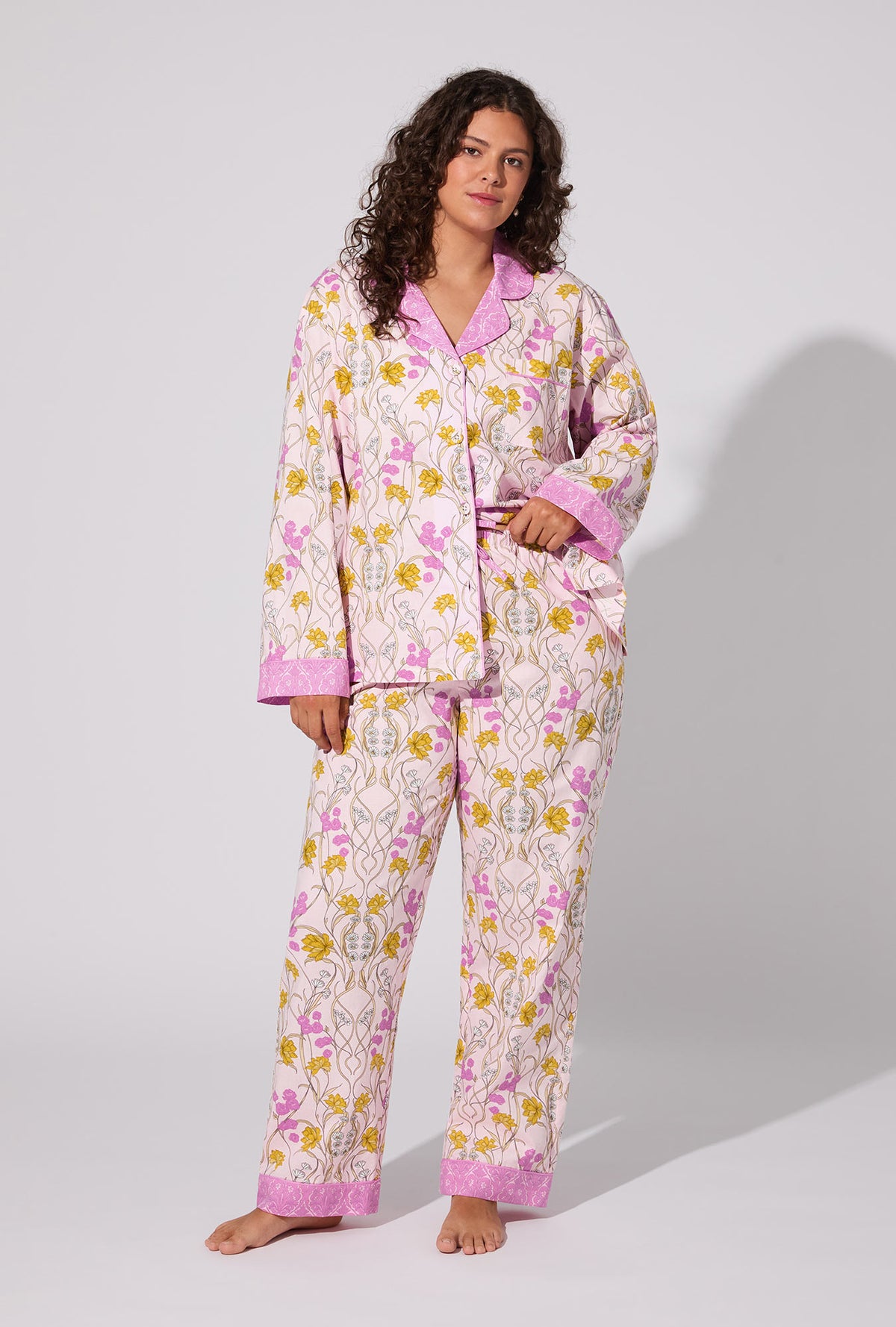 A lady wearing Fleur Nouveau Long Sleeve Classic Woven Cotton Poplin PJ set