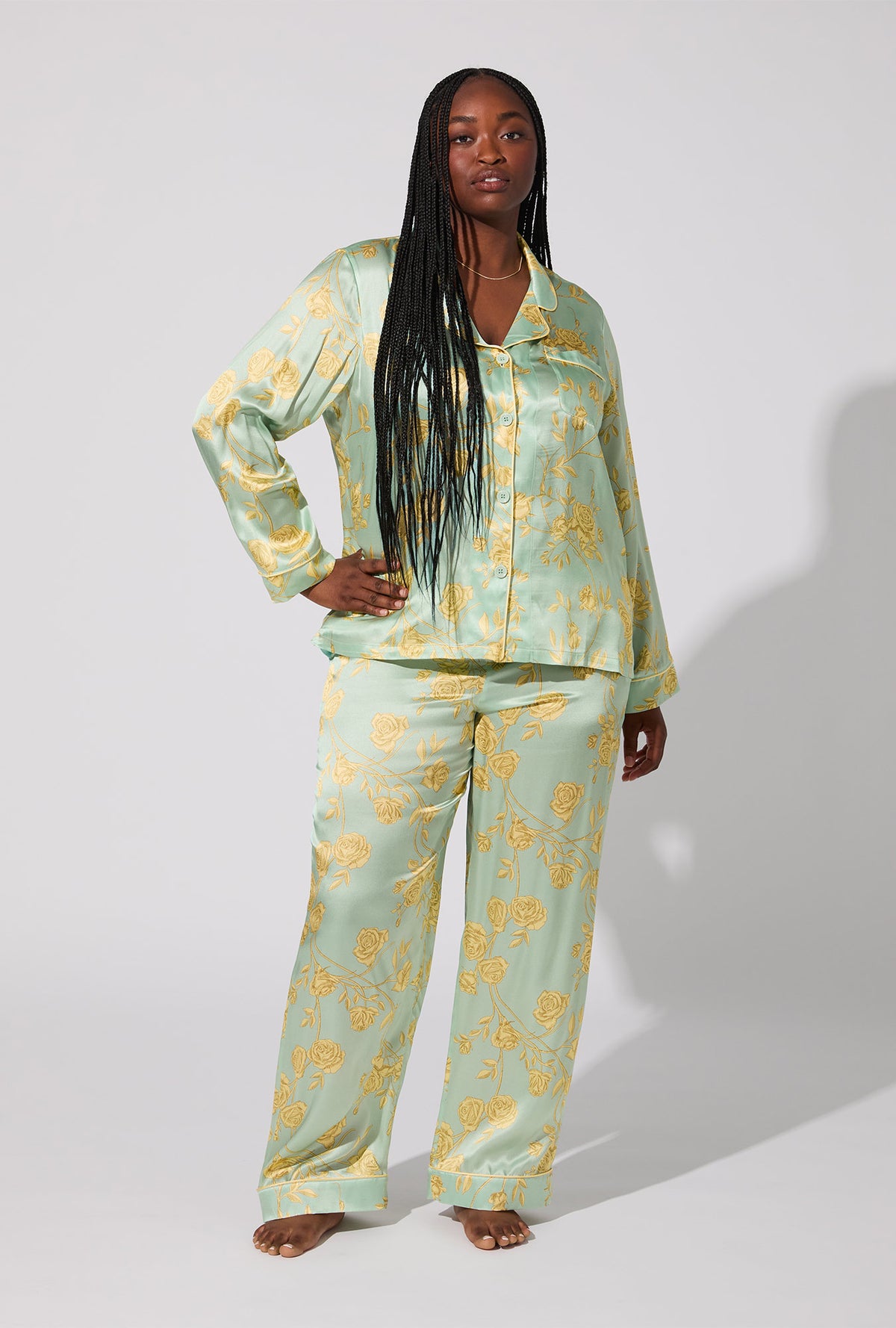 A lady wearing Royal Roses Long Sleeve Classic Woven Washable Silk Satin PJ Set