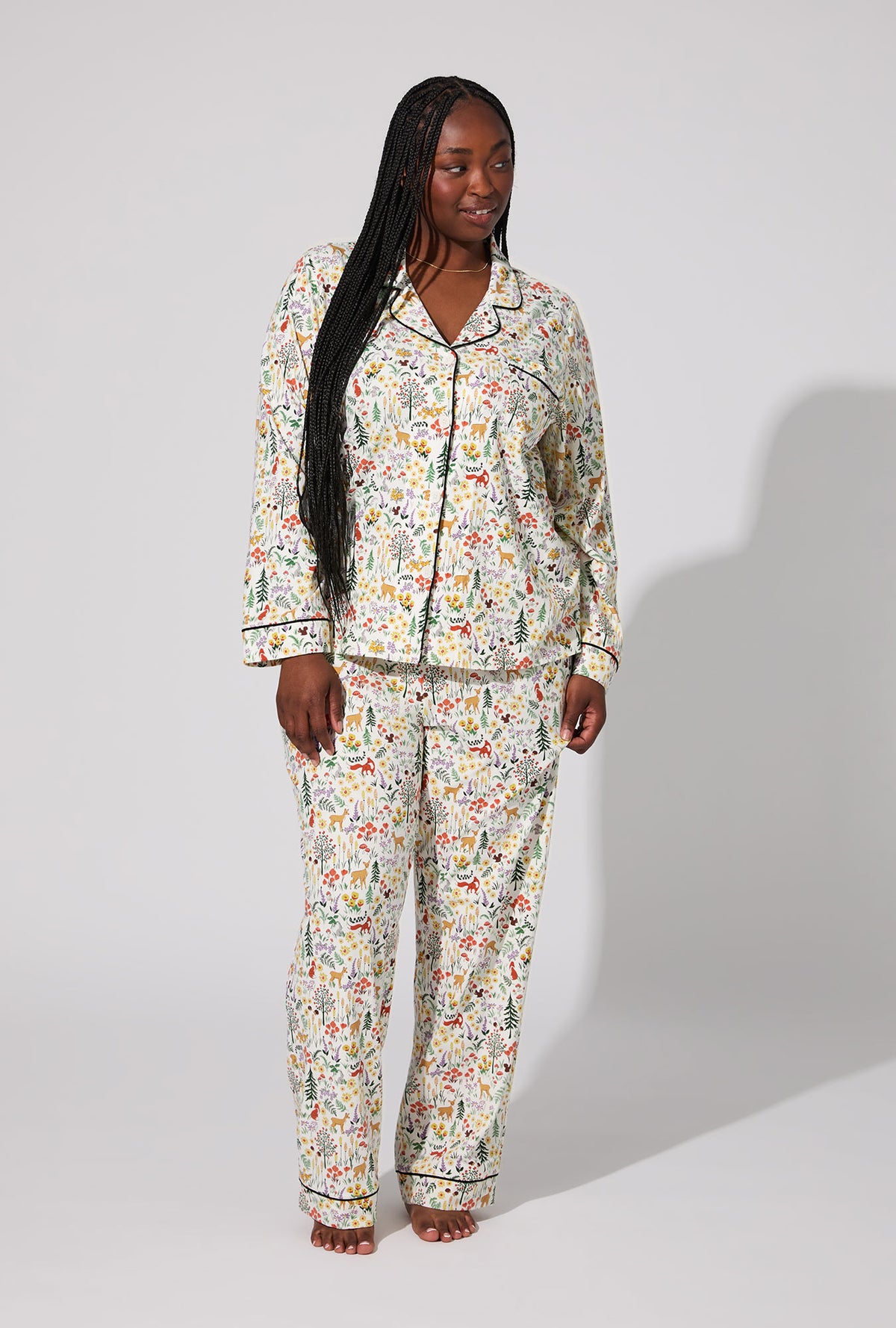 A lady wearing Forest Trails Long Sleeve Classic Stretch Jersey PJ Set