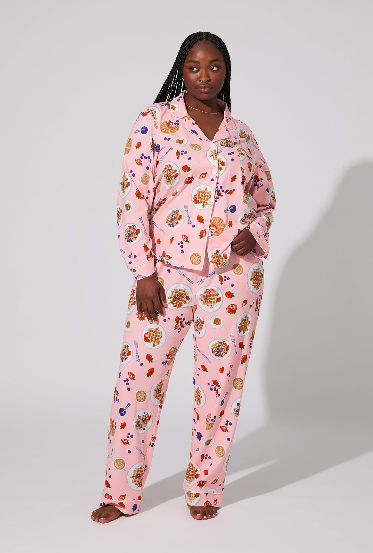A lady wearing Waffle Brunch Long Sleeve Classic Stretch Jersey PJ Set