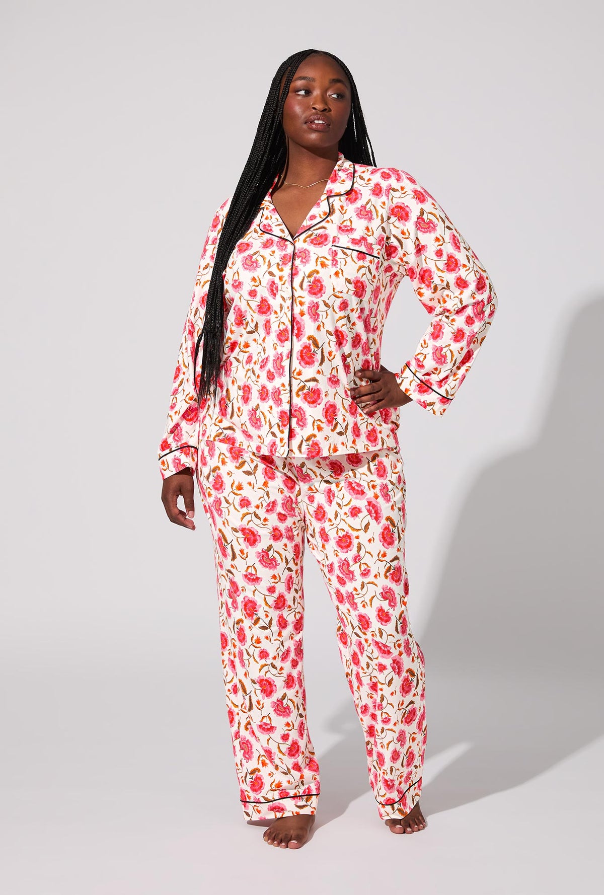 A lady wearing Fantasia Floral Long Sleeve Classic Stretch Jersey PJ Set
