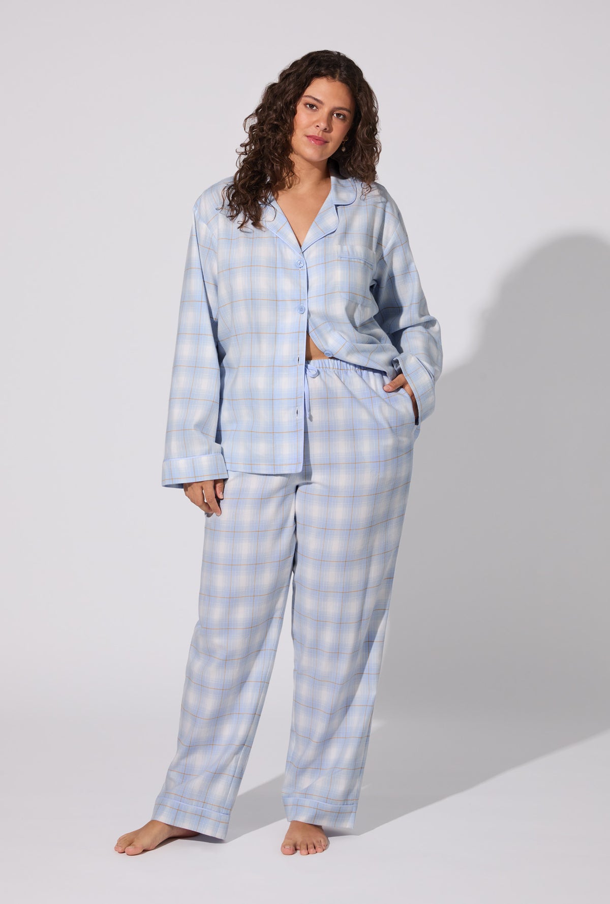A lady wearing Blue Mountain Plaid Long Sleeve Classic Woven Portuguese Flannel PJ Set
