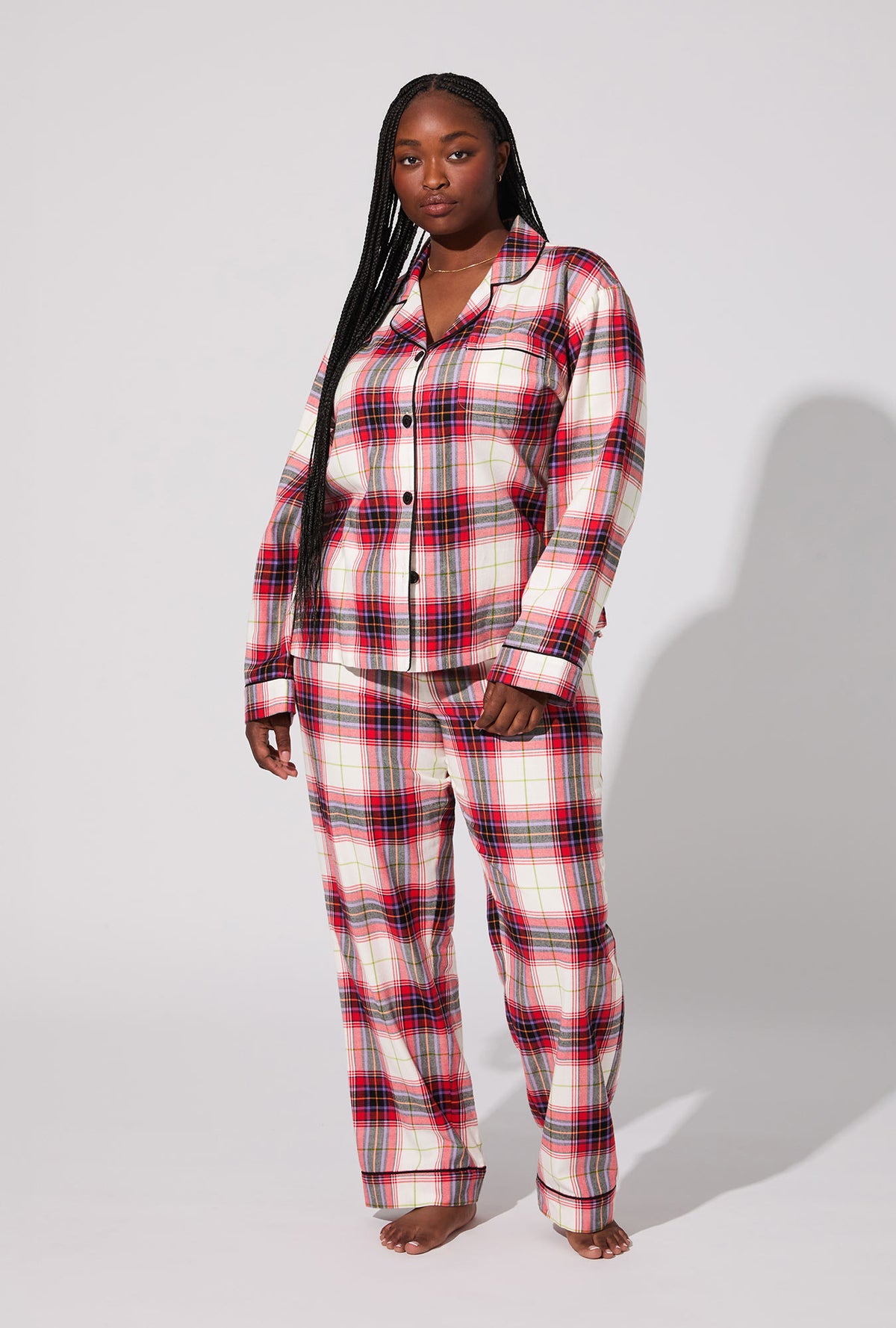 A lady wearing Equestrian Plaid Long Sleeve Classic Woven Portuguese Flannel PJ Set