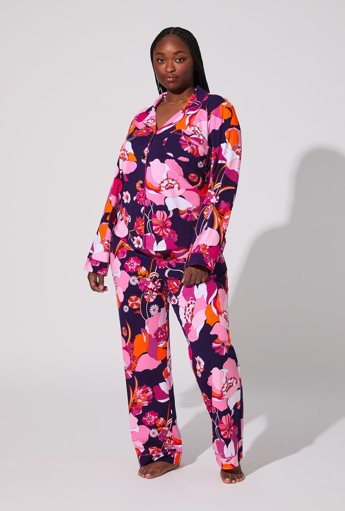 A lady wearing Floral Medley Long Sleeve Classic Stretch Jersey PJ Set