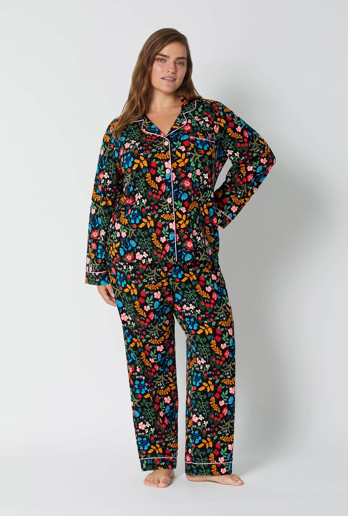 A lady wearing Winter Blooms Long Sleeve Classic Stretch Jersey Pj Set