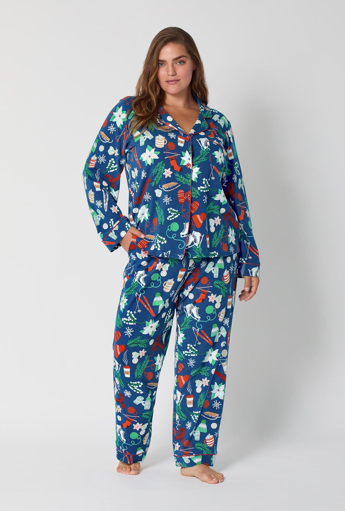 A lady wearing Winter Charm Long Sleeve Classic Stretch Jersey Pj Set
