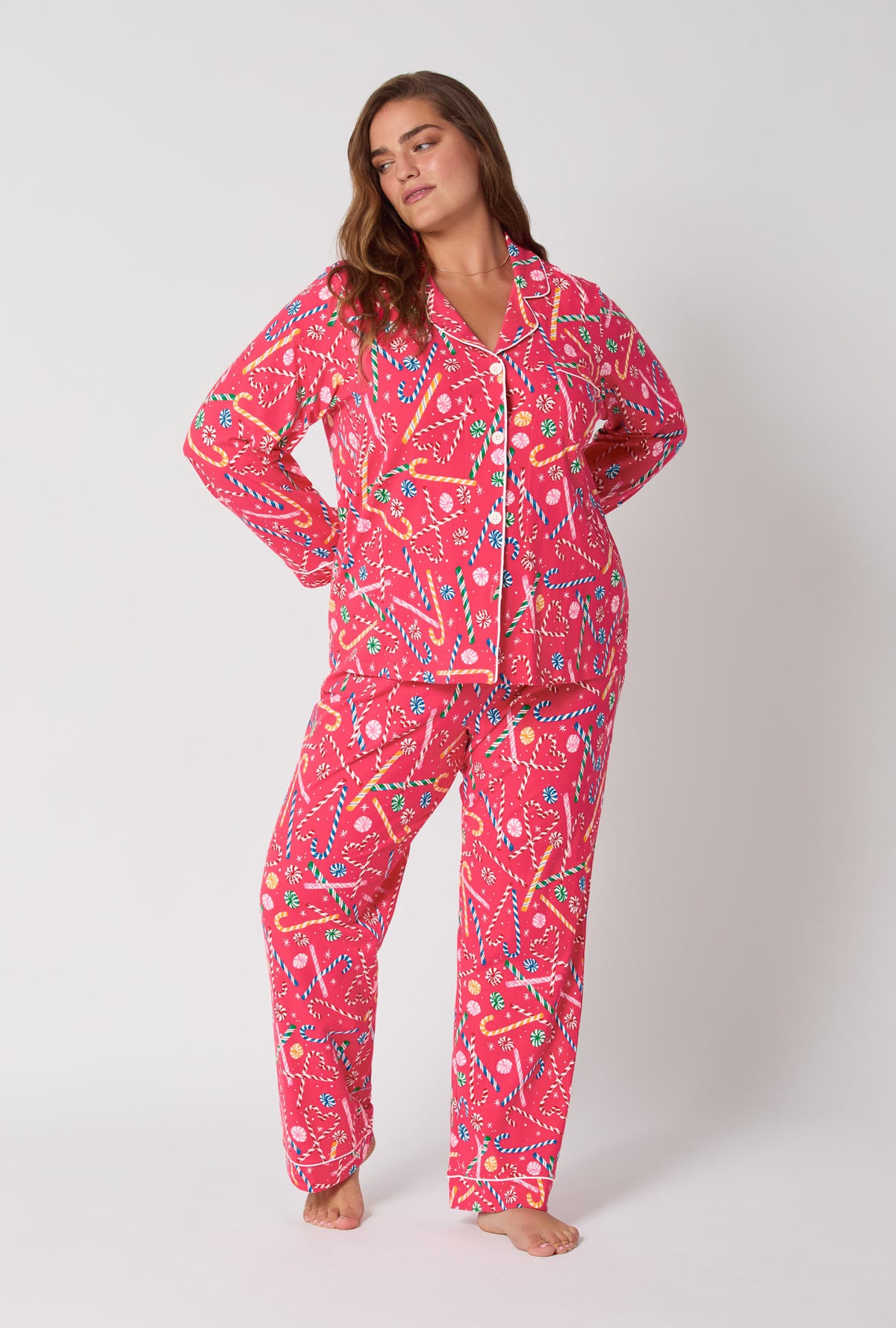 A lady wearing Peppermint Twist Long Sleeve Classic Stretch Jersey Pj Set