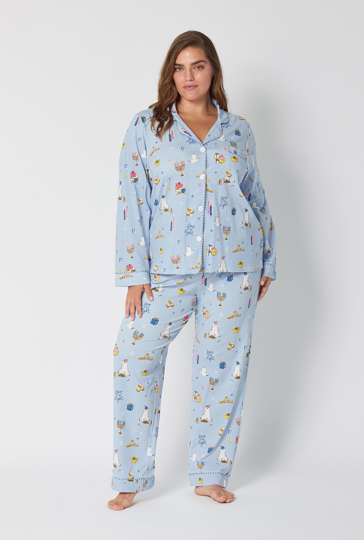 A lady wearing Love And Light Long Sleeve Classic Stretch Jersey Pj Set
