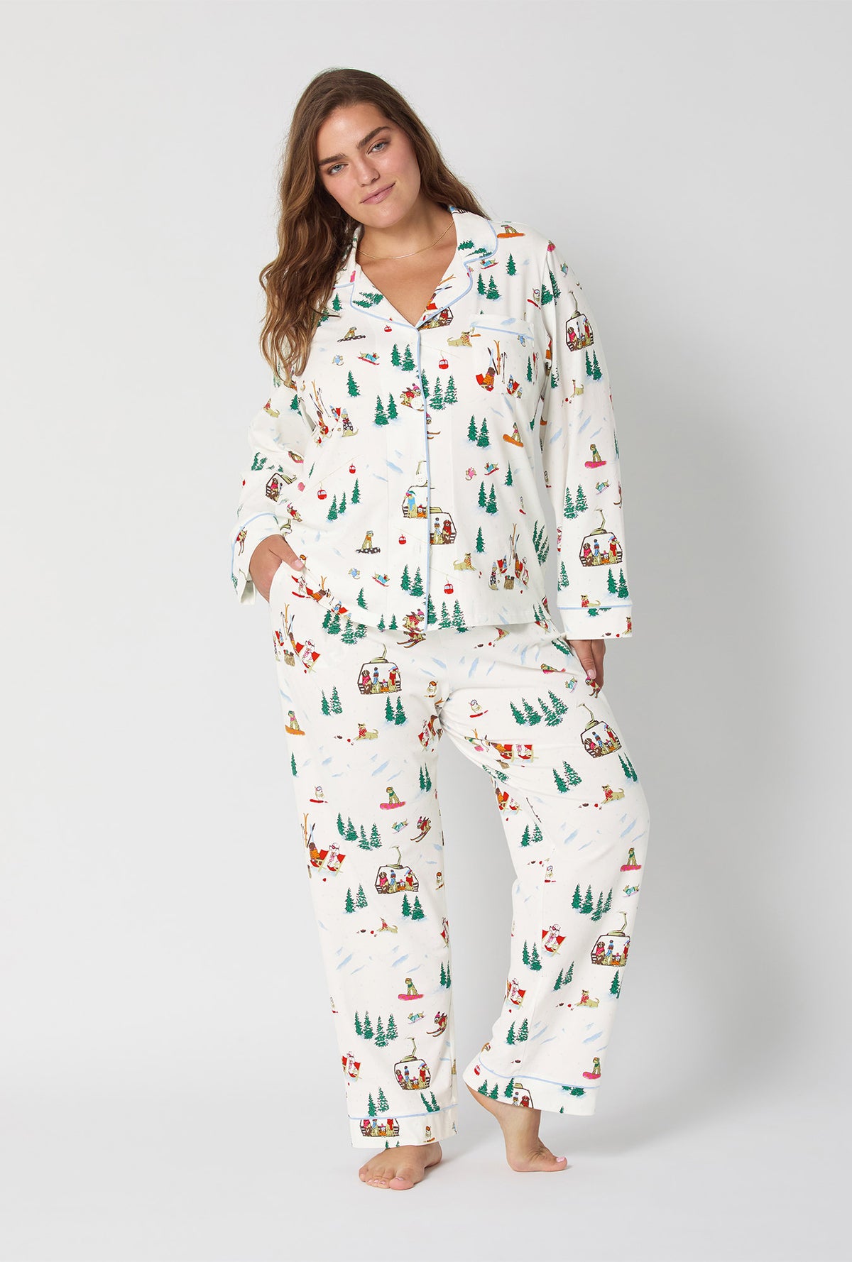 A lady wearing Ski Pups Long Sleeve Classic Stretch Jersey Pj Set
