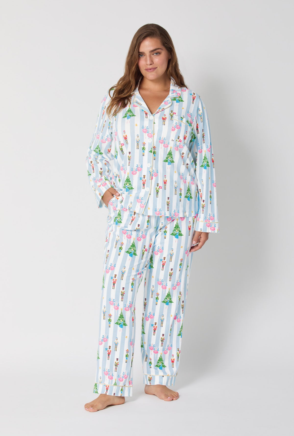 A lady wearing Sugarplum Stripe Long Sleeve Classic Stretch Jersey Pj Set