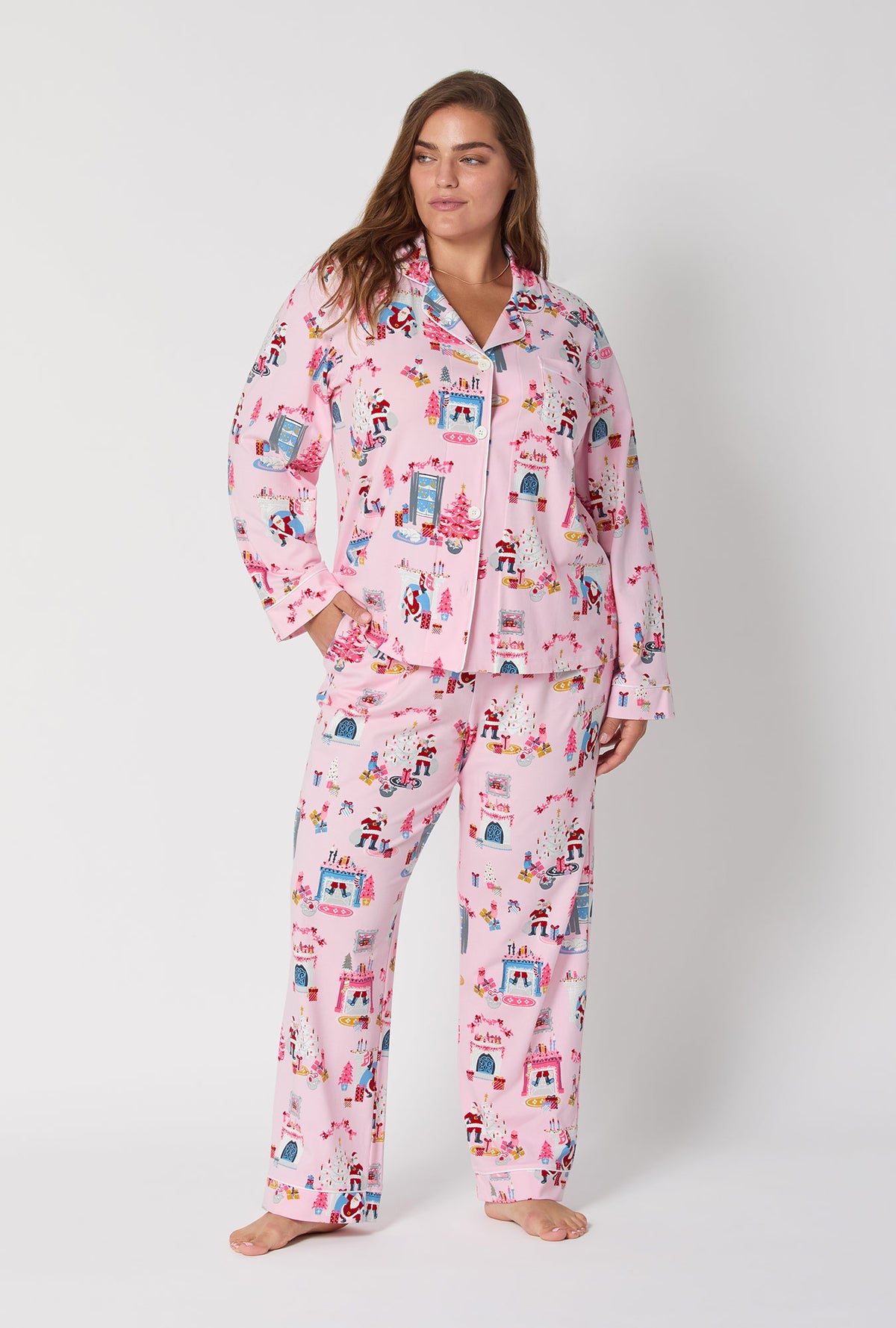 A lady wearing Must Be Santa Long Sleeve Classic Stretch Jersey Pj Set